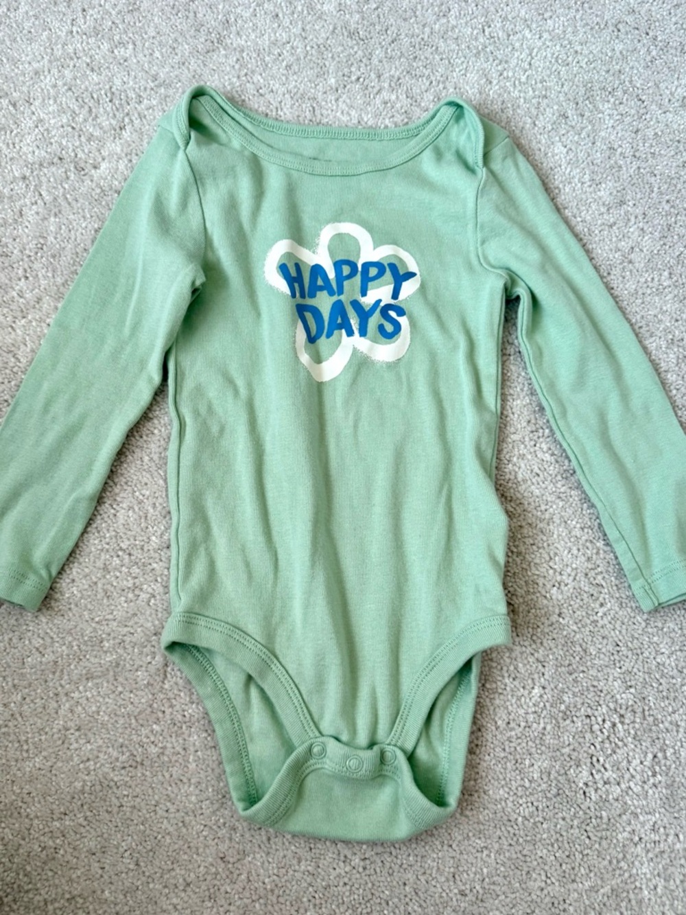 Joe Fresh Light Green Long-Sleeve Baby One-Piece with Blue "Happy Days" Graphic